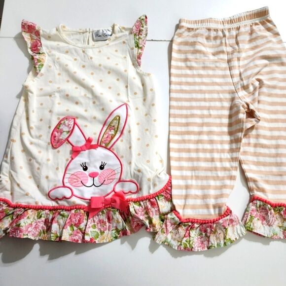 Girls Embroidered Easter Bunny Spring Floral Tank & Ruffled Pants Set Size 6x